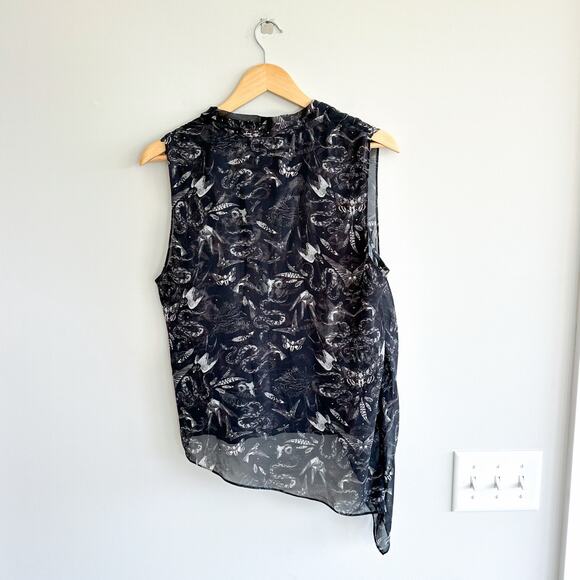 ALLSAINTS Abi Somnium Asymmetrical Draped Botanical Print Top Black 10 - Picture 3 of 11